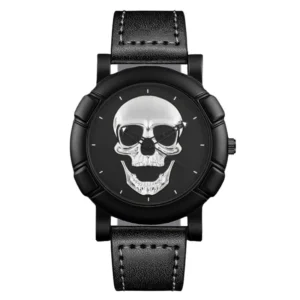 Montre tête de mort homme cuir - Argenté