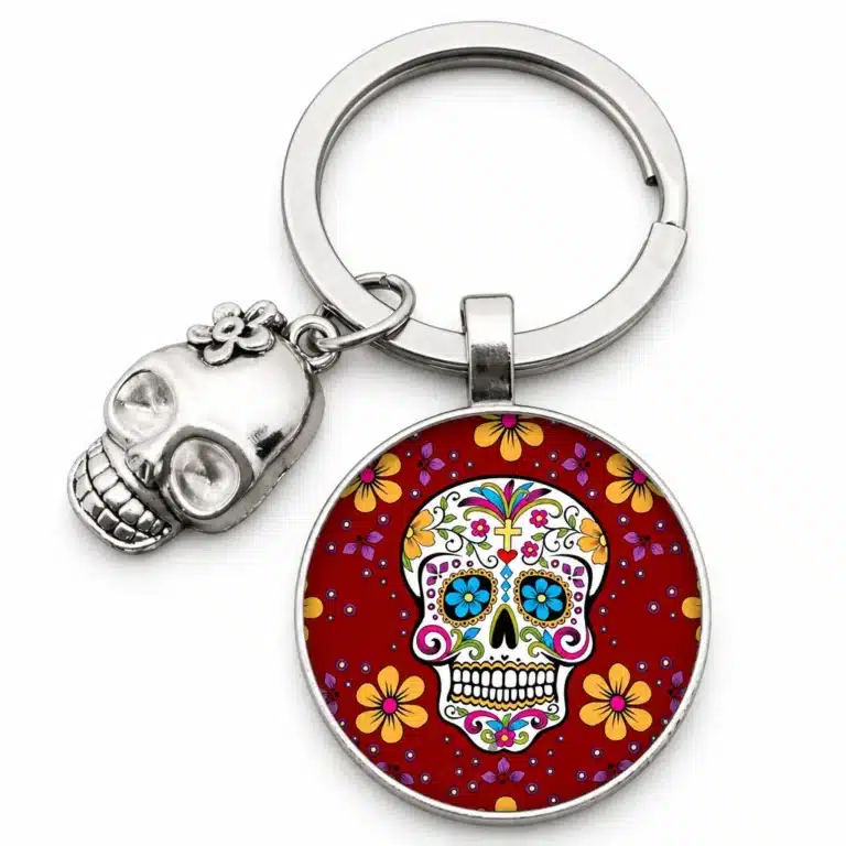 Porte-clé tête de mort calavera - Floral rouge